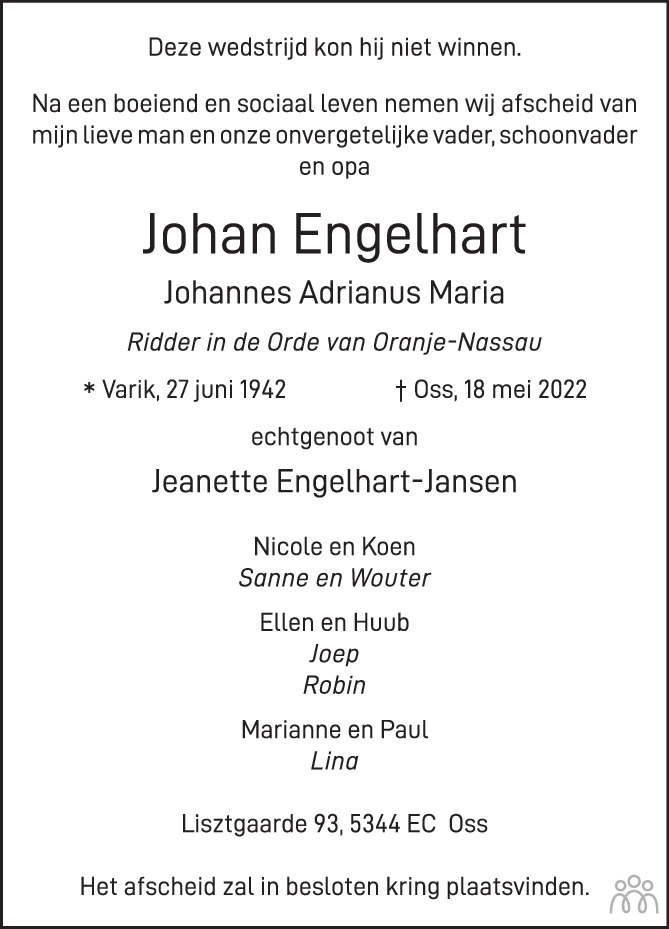 Overlijdensbericht van Johan (Johannes Adrianus Maria) Engelhart in Brabants Dagblad