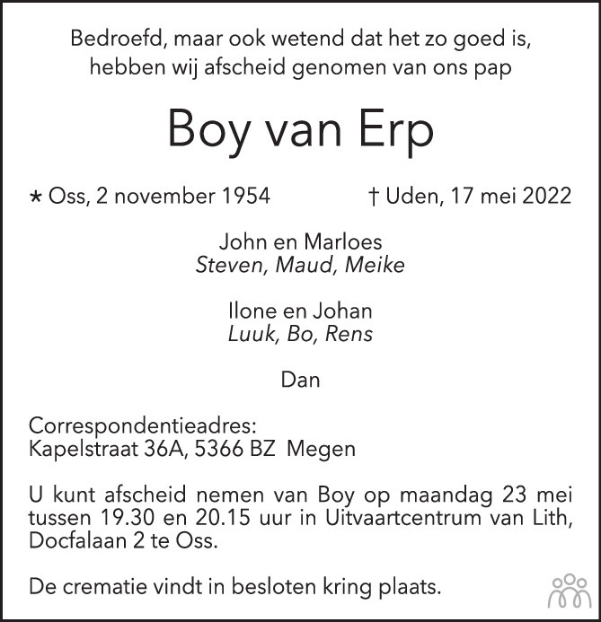 Overlijdensbericht van Boy van Erp in Brabants Dagblad