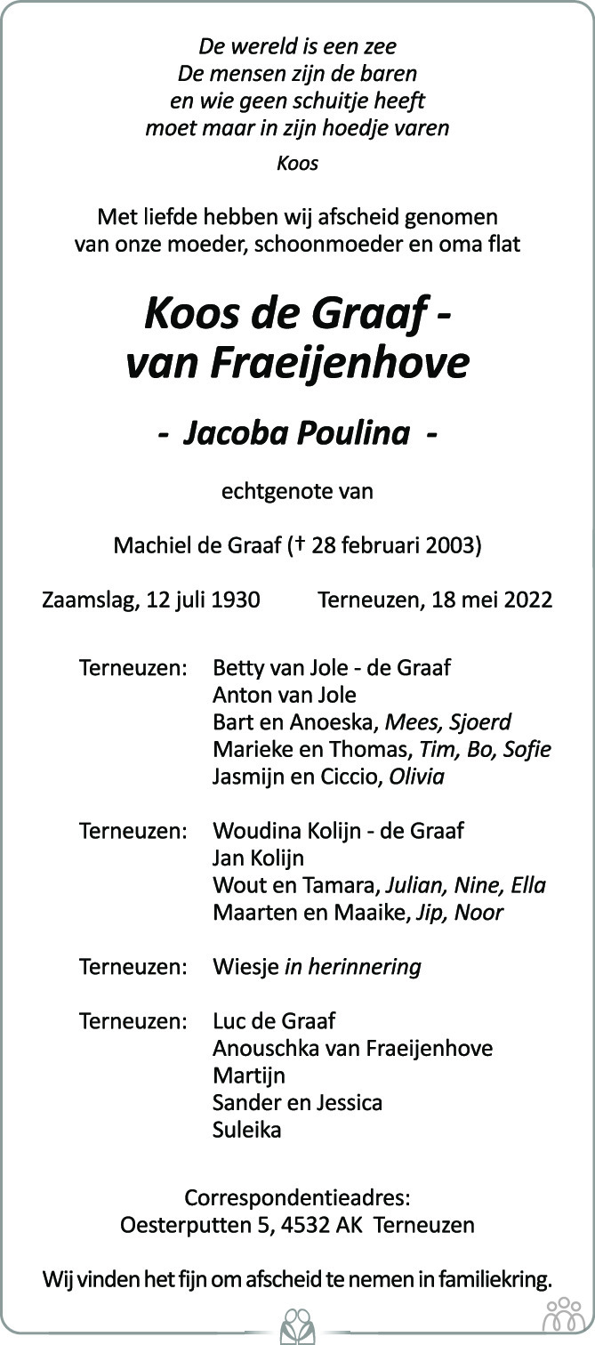 Overlijdensbericht van Koos (Jacoba Poulina) de Graaf-van Fraeijenhove in PZC Provinciale Zeeuwse Courant