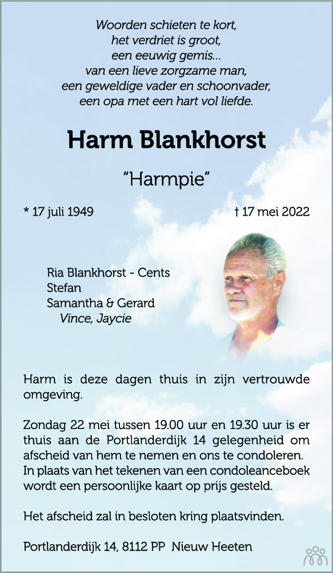 Overlijdensbericht van Harm (Harmpie) Blankhorst in de Stentor