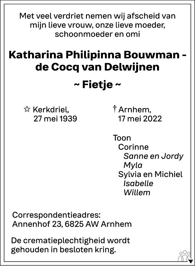 Overlijdensbericht van Katharina Philipinna (Fietje) Bouwman - de Cocq van Delwijnen in de Gelderlander