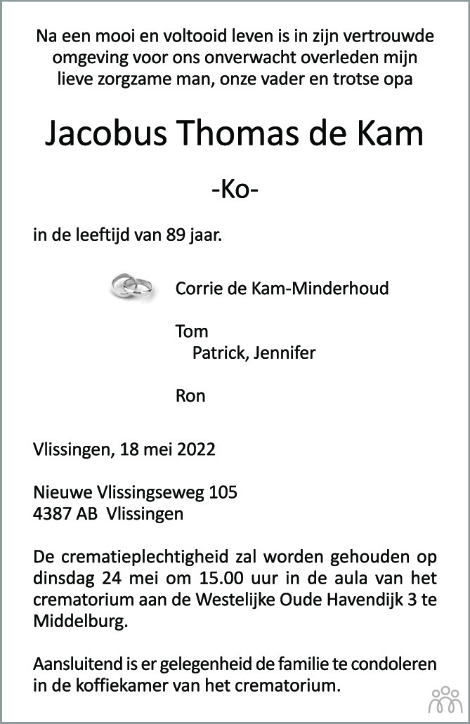 Overlijdensbericht van Jacobus Thomas (Ko) de Kam in PZC Provinciale Zeeuwse Courant