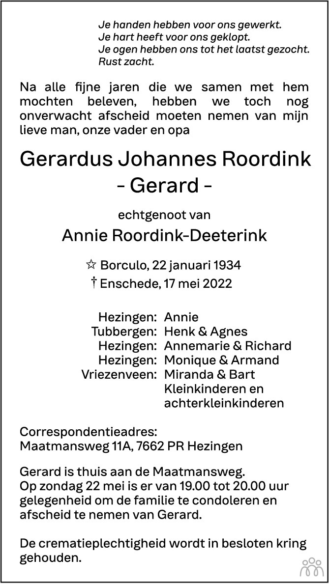 Overlijdensbericht van Gerardus Johannes (Gerard) Roordink in Tubantia