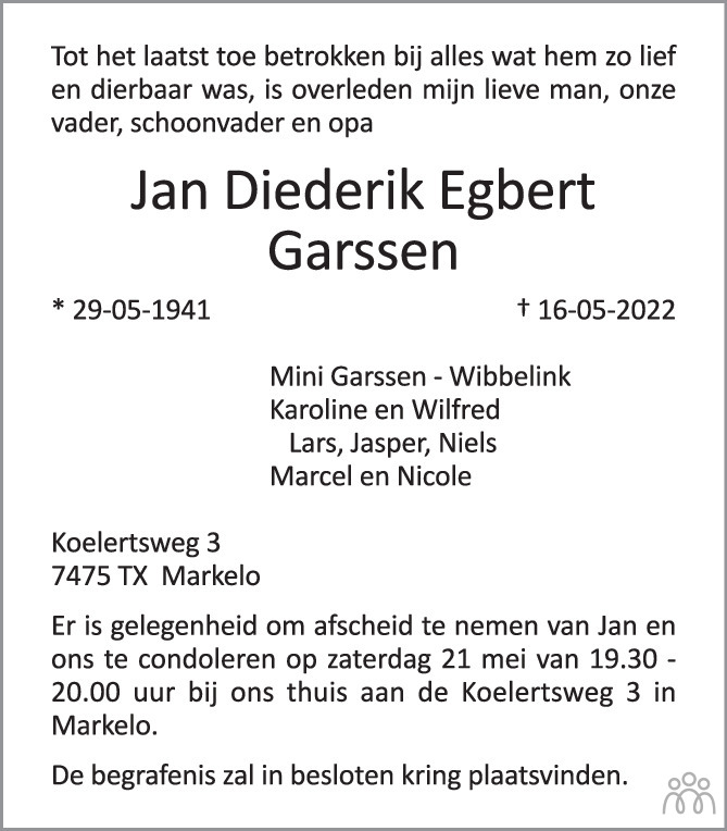 Overlijdensbericht van Jan Diederik Egbert Garssen in Tubantia