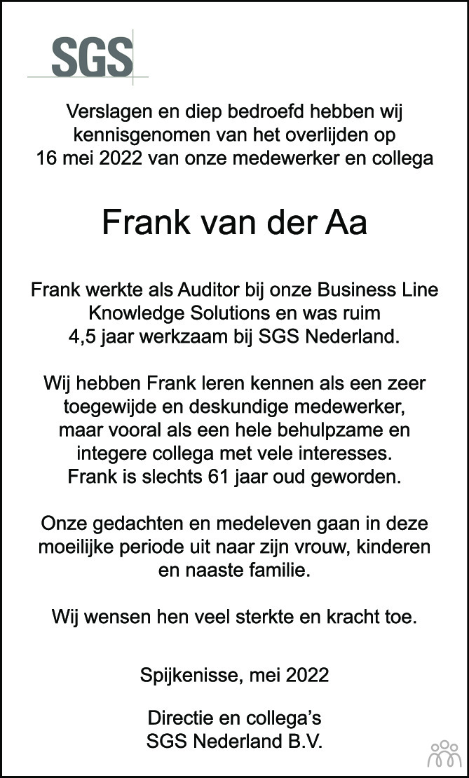Overlijdensbericht van Frank van der Aa in Brabants Dagblad