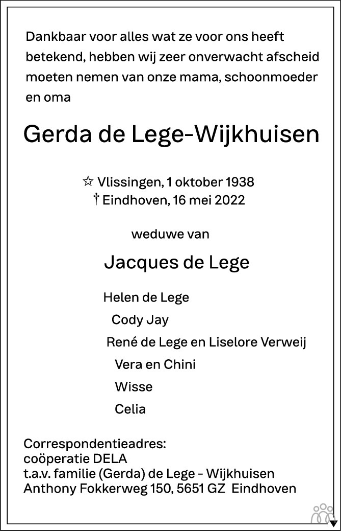 Overlijdensbericht van Gerda de Lege-Wijkhuisen in Eindhovens Dagblad
