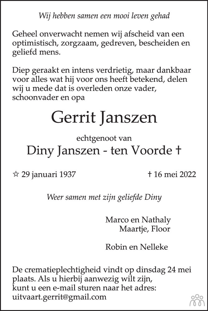 Gerrit Janszen 16-05-2022 overlijdensbericht en condoleances ...