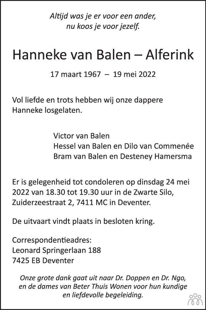 Overlijdensbericht van Hanneke van Balen-Alferink in de Stentor