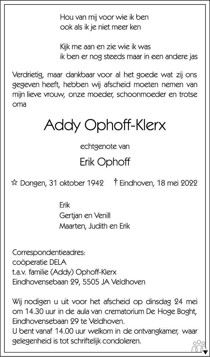 Overlijdensbericht van Addy Ophoff-Klerx in Eindhovens Dagblad
