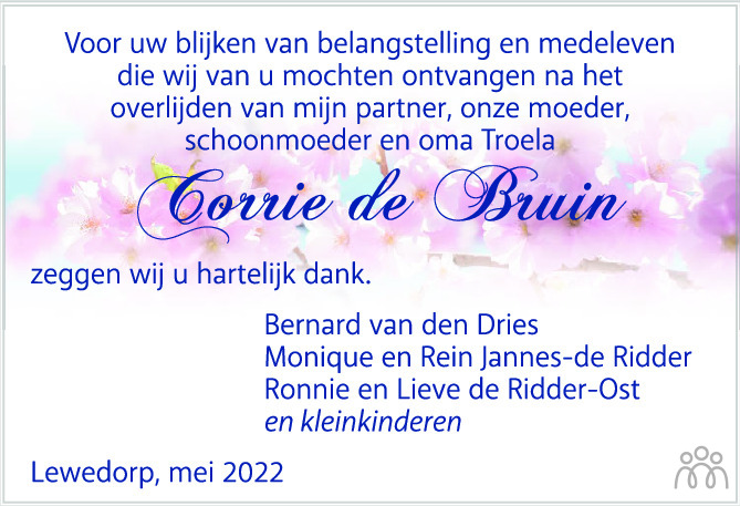 Corrie de Bruin 15-04-2022 overlijdensbericht en condoleances