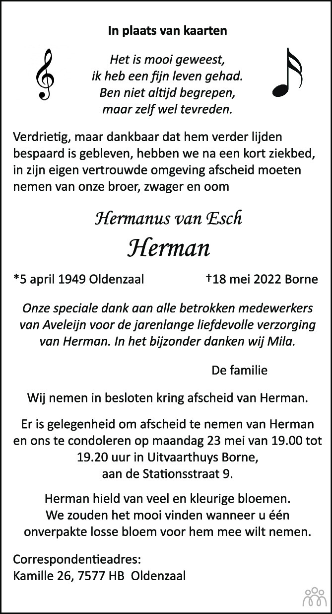 Overlijdensbericht van Hermanus (Herman) van Esch in Tubantia