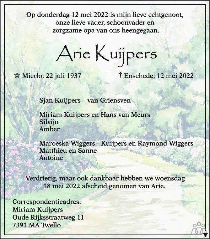 Overlijdensbericht van Arie Kuijpers in Tubantia