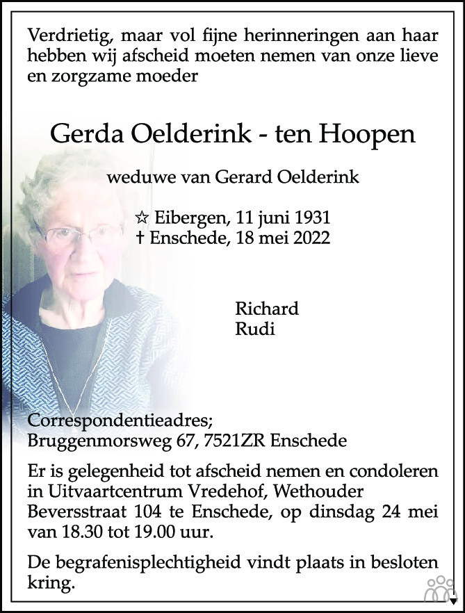 Overlijdensbericht van Gerda Oelderink-ten Hoopen in Tubantia