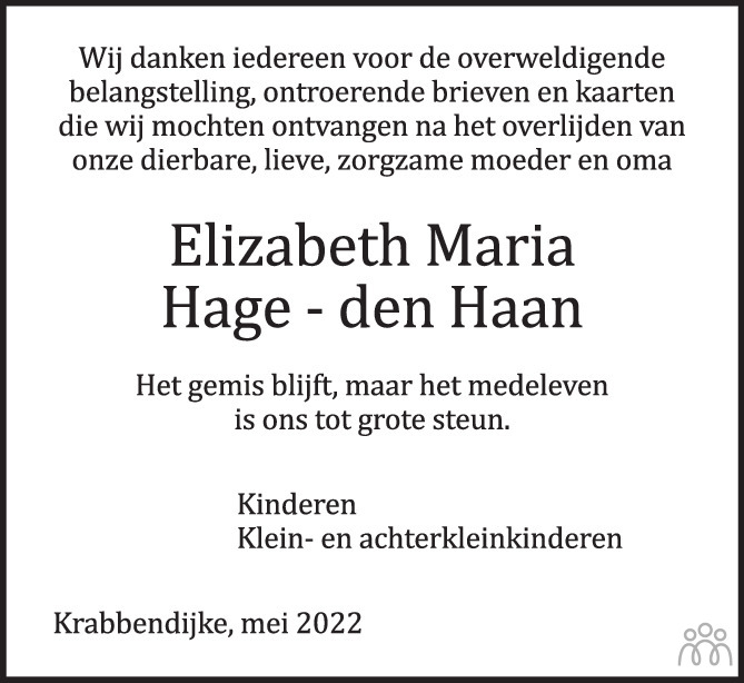 Overlijdensbericht van Elizabeth Maria Hage-den Haan in PZC Provinciale Zeeuwse Courant