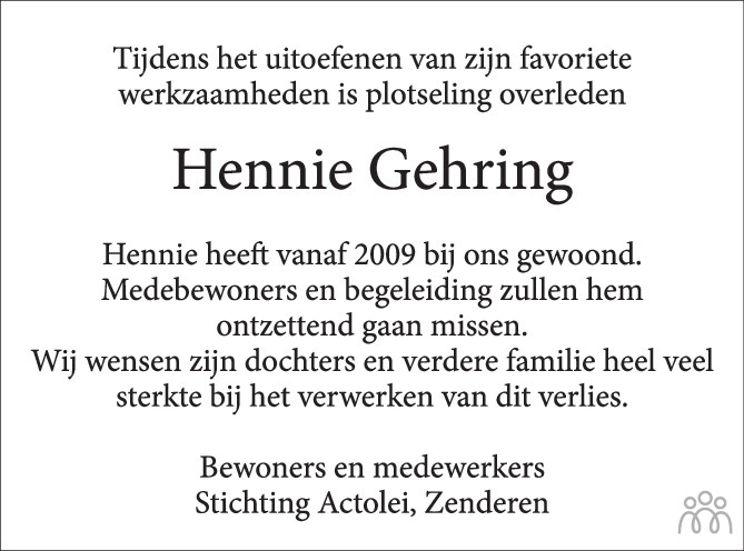 Overlijdensbericht van Hennie Gehring in Tubantia