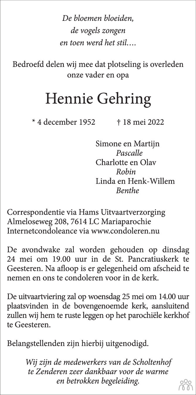 Overlijdensbericht van Hennie Gehring in Tubantia