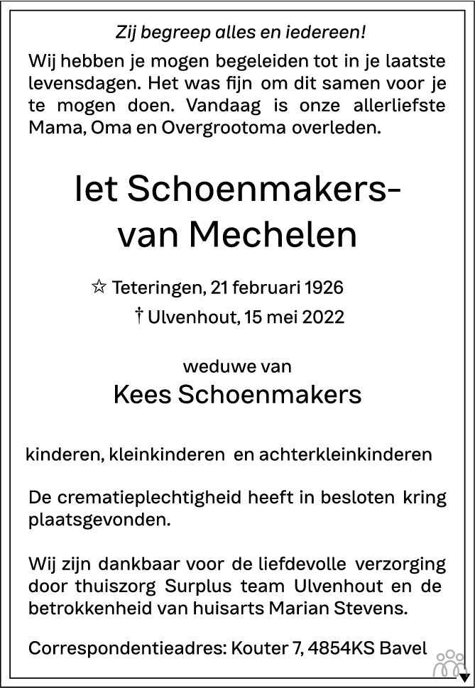 Overlijdensbericht van Iet Schoenmakers-van Mechelen in BN DeStem