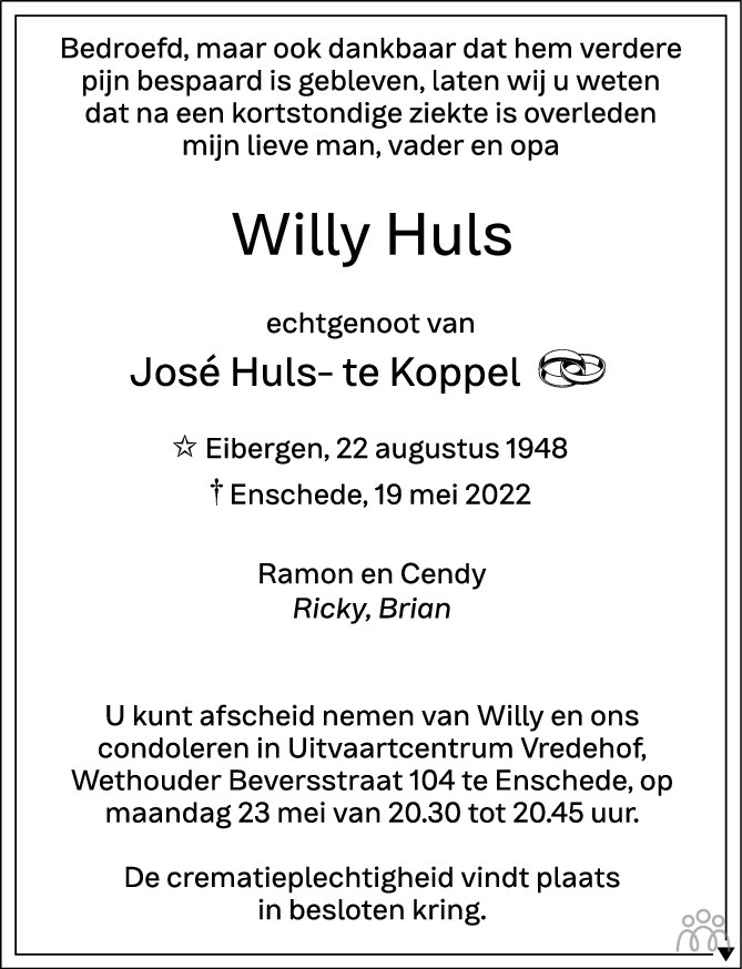 Overlijdensbericht van Willy Huls in Tubantia