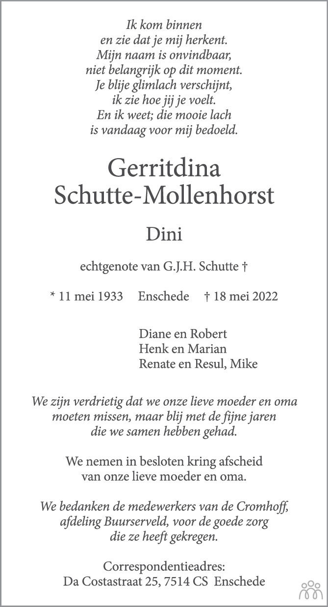Overlijdensbericht van Gerritdina (Dini) Schutte-Mollenhorst in Tubantia