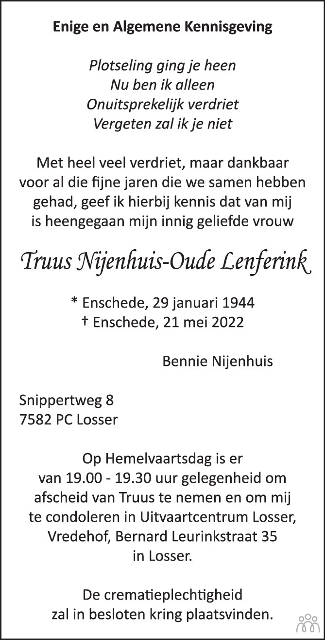 Overlijdensbericht van Truus Nijenhuis-Oude Lenferink in Tubantia