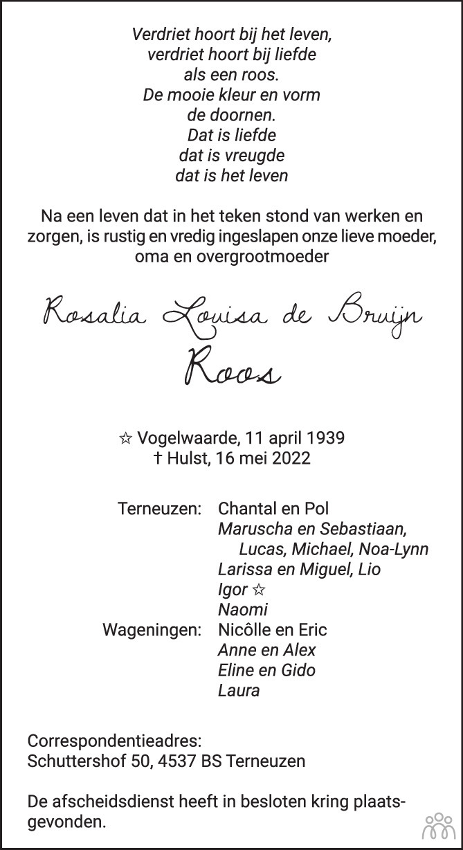 Overlijdensbericht van Rosalie Louisa (Roos) de Bruijn in PZC Provinciale Zeeuwse Courant