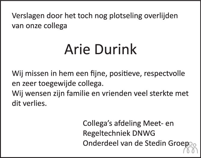 Overlijdensbericht van Arie Durink in PZC Provinciale Zeeuwse Courant