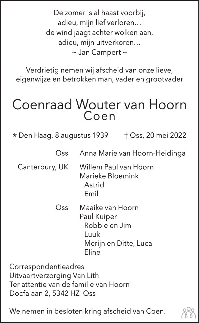 Overlijdensbericht van Coenraad Wouter (Coen) van Hoorn in Brabants Dagblad