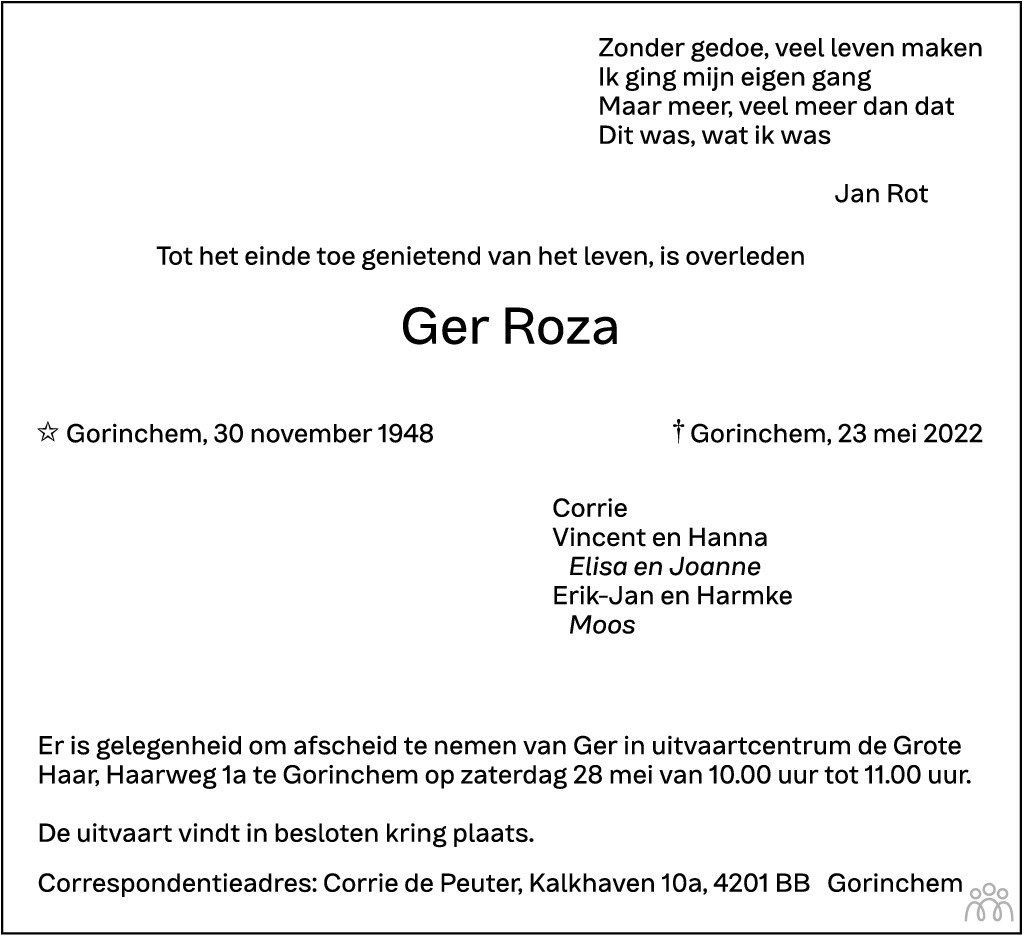 Overlijdensbericht van Ger Roza in AD Algemeen Dagblad