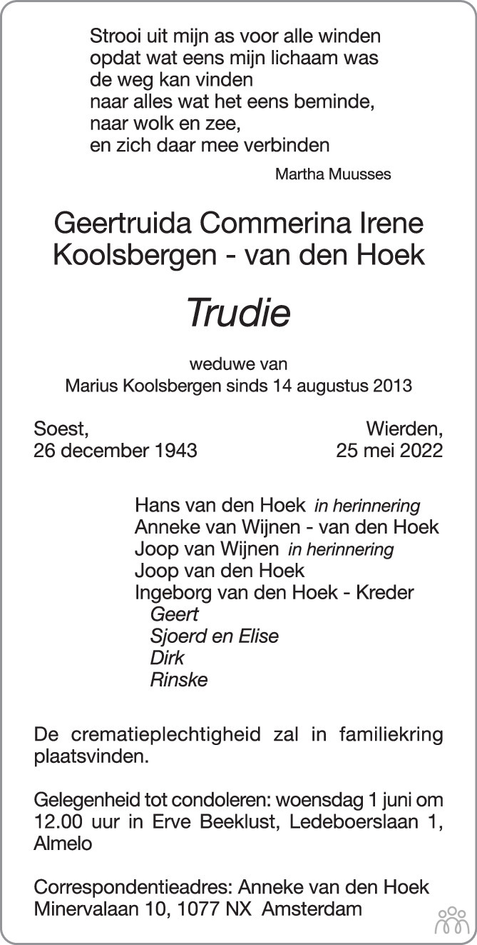 Overlijdensbericht van Geertruida Commerina Irene (Trudie) Koolsbergen-van den Hoek in Tubantia