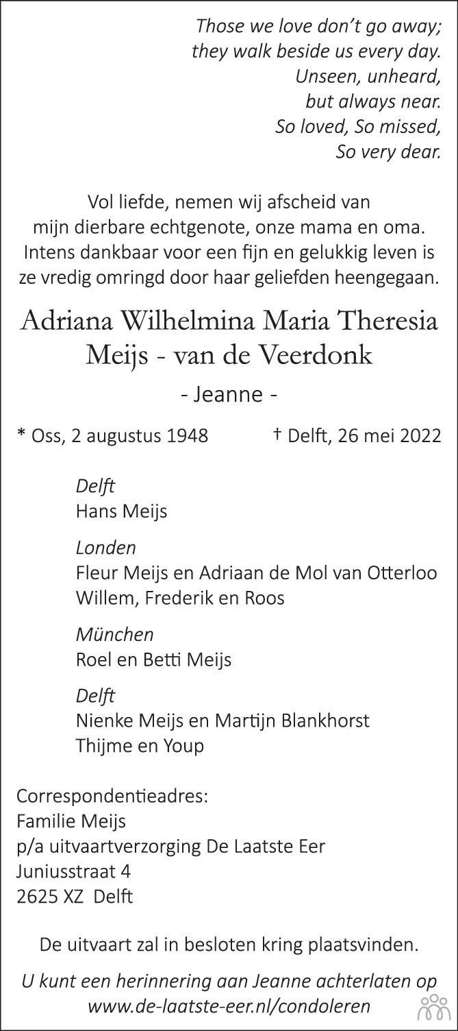 Overlijdensbericht van Adriana Wilhelmina Maria Theresia (Jeanne) Meijs-van de Veerdonk in AD Algemeen Dagblad