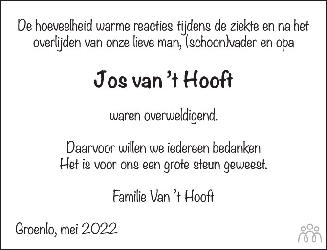 Overlijdensbericht van Jos van 't Hooft in de Gelderlander