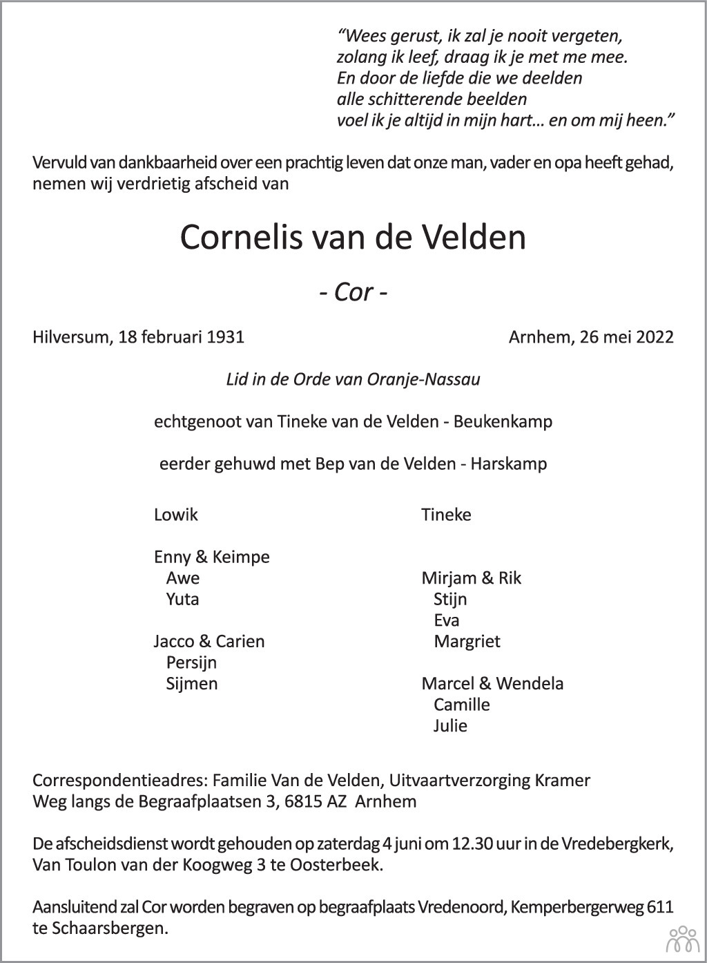 Overlijdensbericht van Cornelis (Cor) van de Velden in de Gelderlander