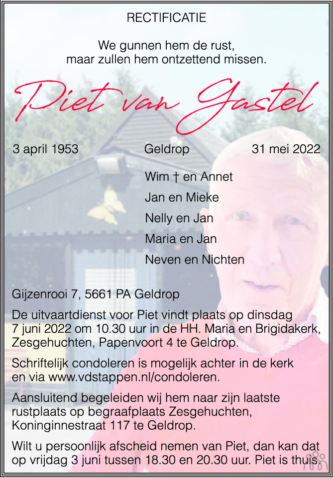 Piet van Gastel 31052022 overlijdensbericht en condoleances