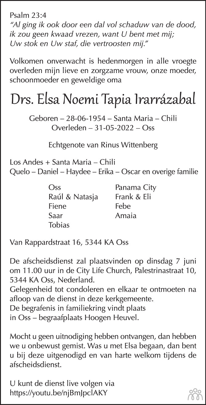 Overlijdensbericht van Elsa Noemi Tapia Wittenberg-lrarrázabal in Brabants Dagblad
