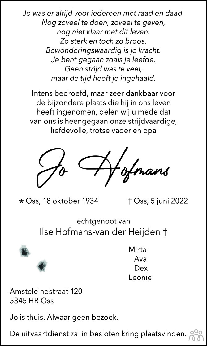 Overlijdensbericht van Jo Hofmans in Brabants Dagblad