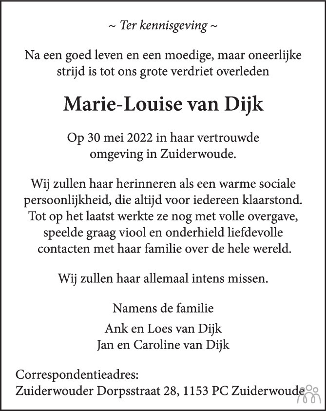 Overlijdensbericht van Marie-Louise Van Dijk in de Volkskrant