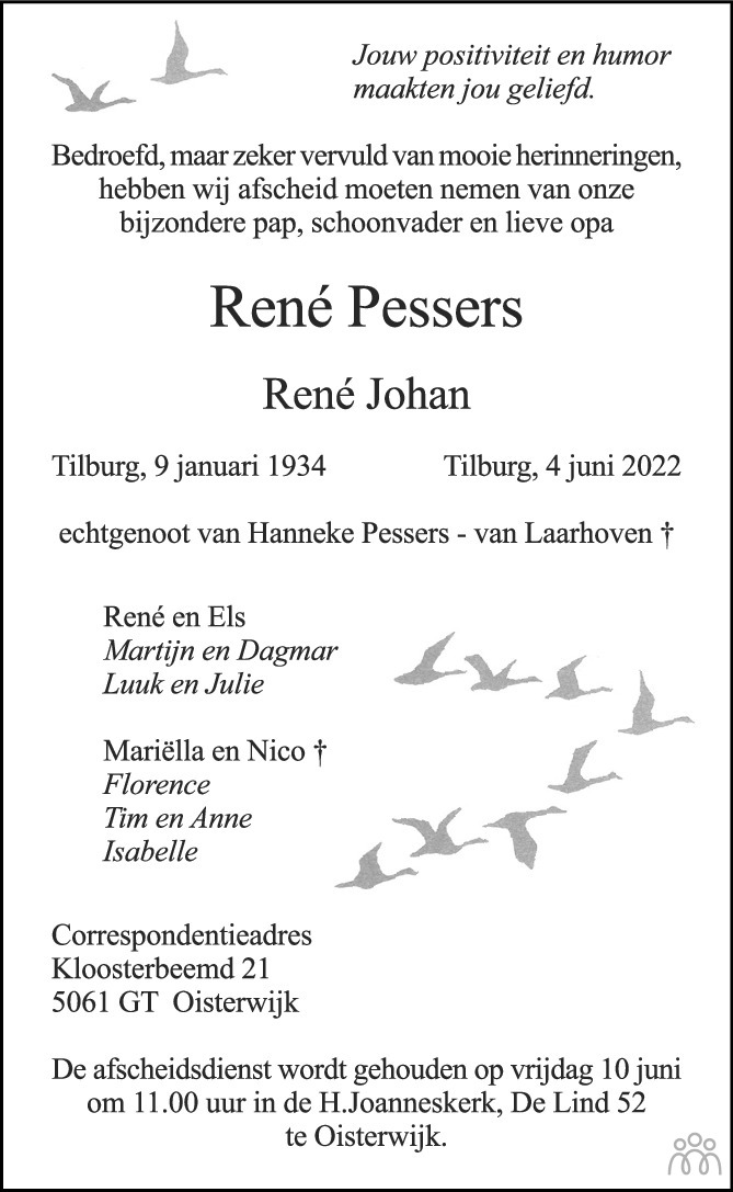 Overlijdensbericht van René Johan Pessers in Brabants Dagblad