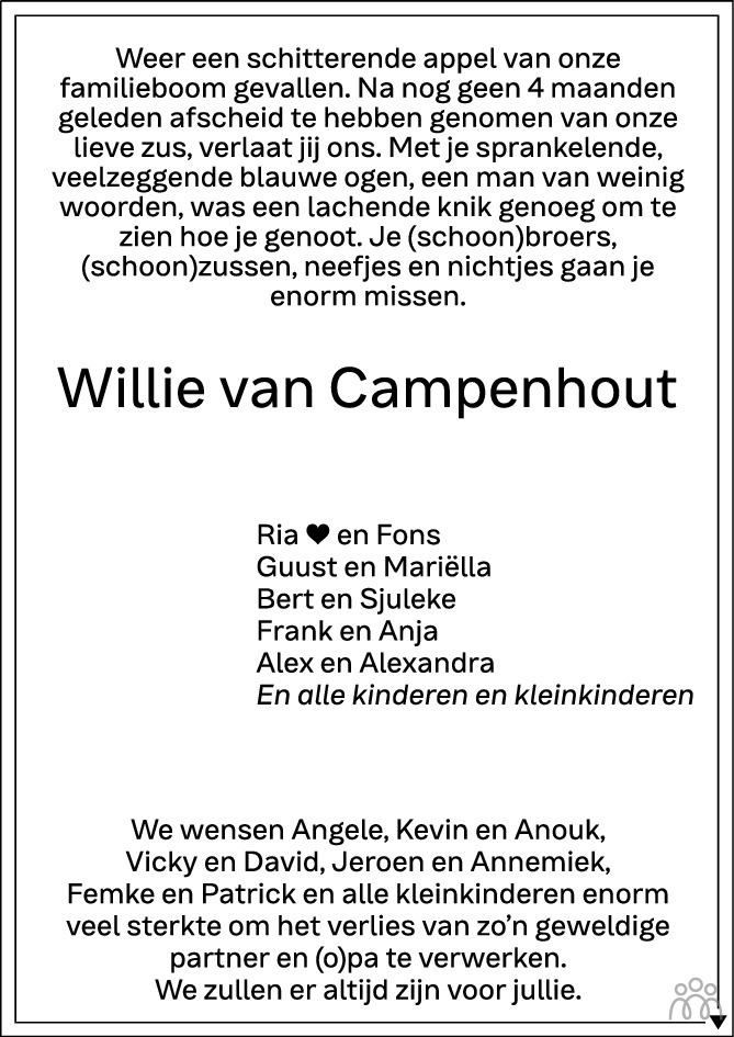 Overlijdensbericht van Willie van Campenhout in PZC Provinciale Zeeuwse Courant