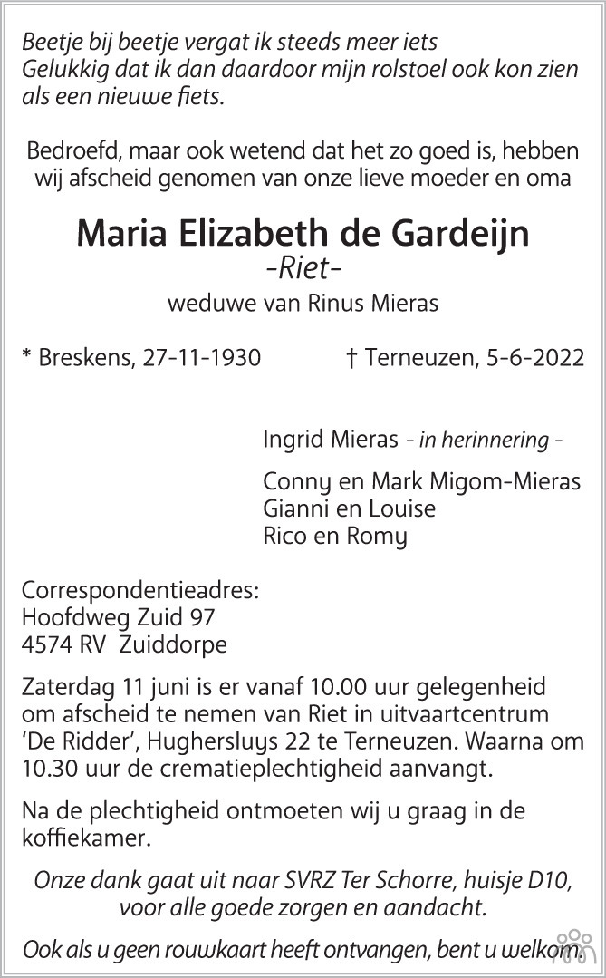 Overlijdensbericht van Maria Elizabeth (Riet) Mieras-de Gardeijn in PZC Provinciale Zeeuwse Courant