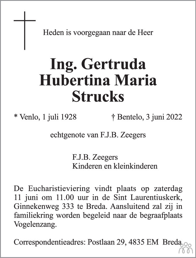 Overlijdensbericht van Gertruda Hubertina Maria Zeegers-Strucks in BN DeStem