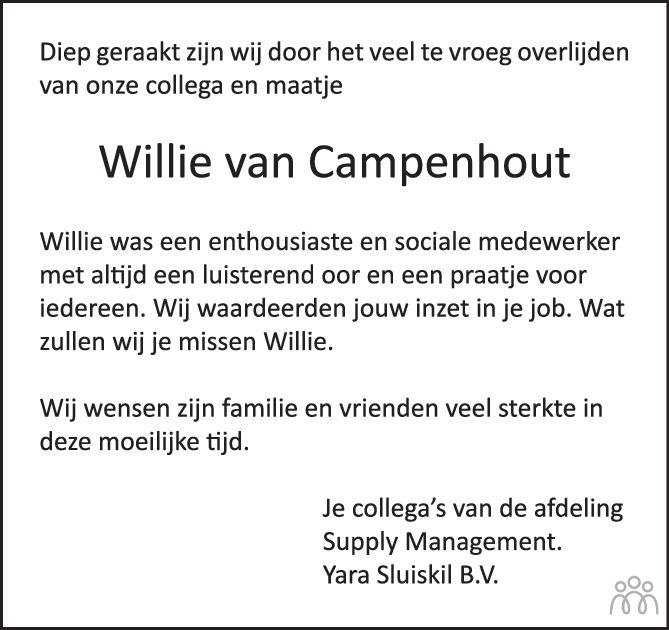 Overlijdensbericht van Willie van Campenhout in PZC Provinciale Zeeuwse Courant
