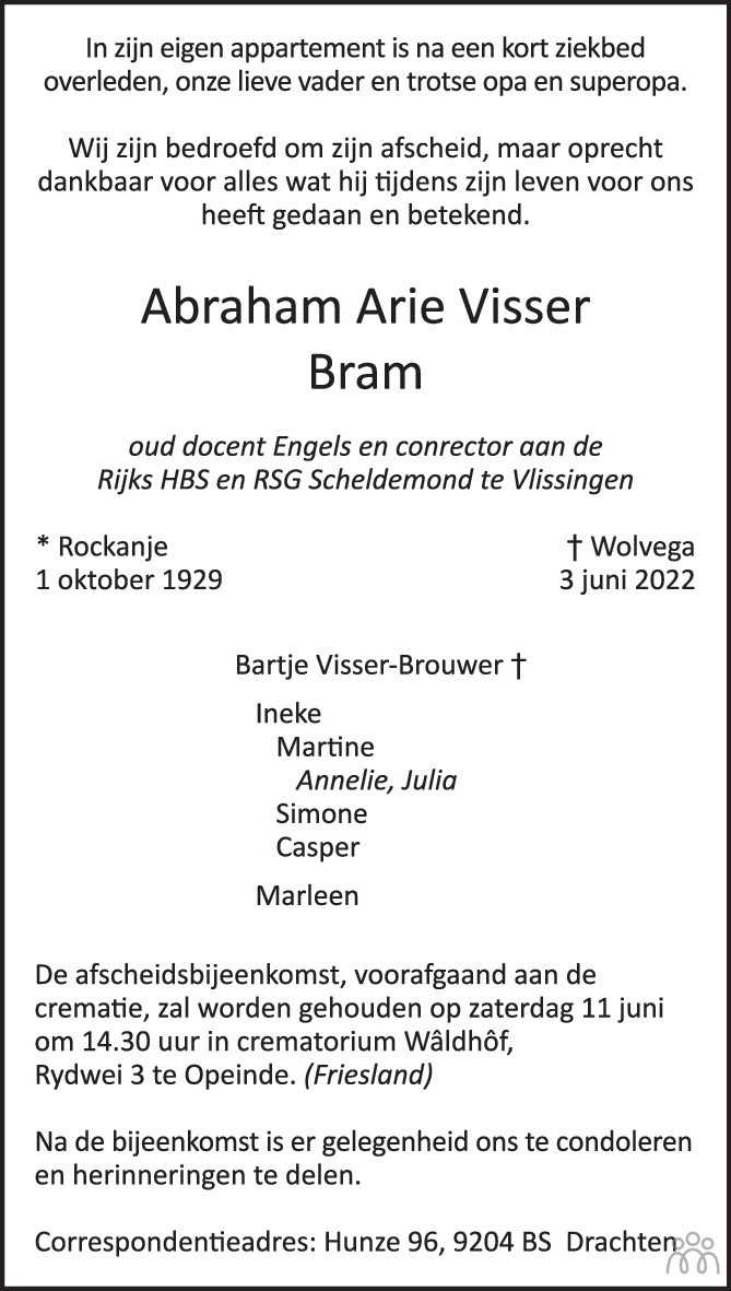 Overlijdensbericht van Abraham Arie (Bram) Visser in PZC Provinciale Zeeuwse Courant
