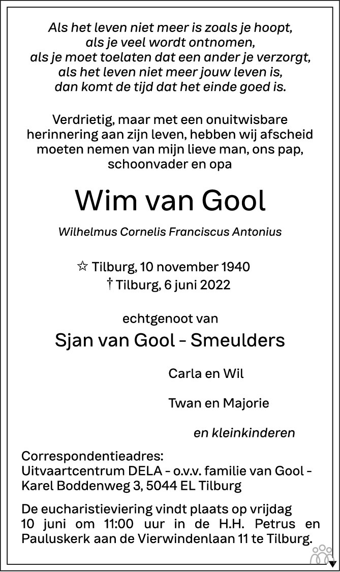 Overlijdensbericht van Wim van Gool in Brabants Dagblad