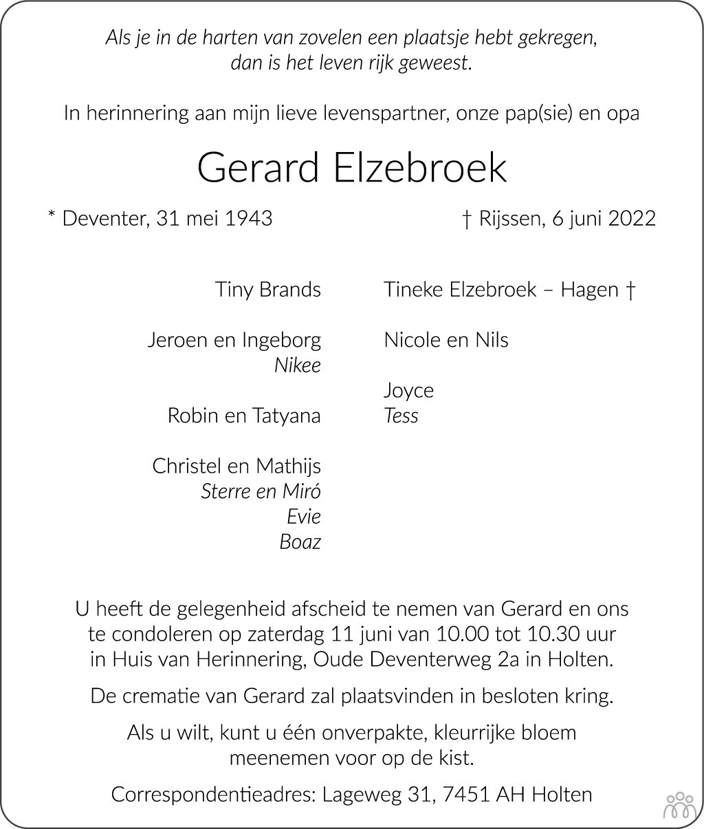 Overlijdensbericht van Gerard Elzebroek in de Stentor
