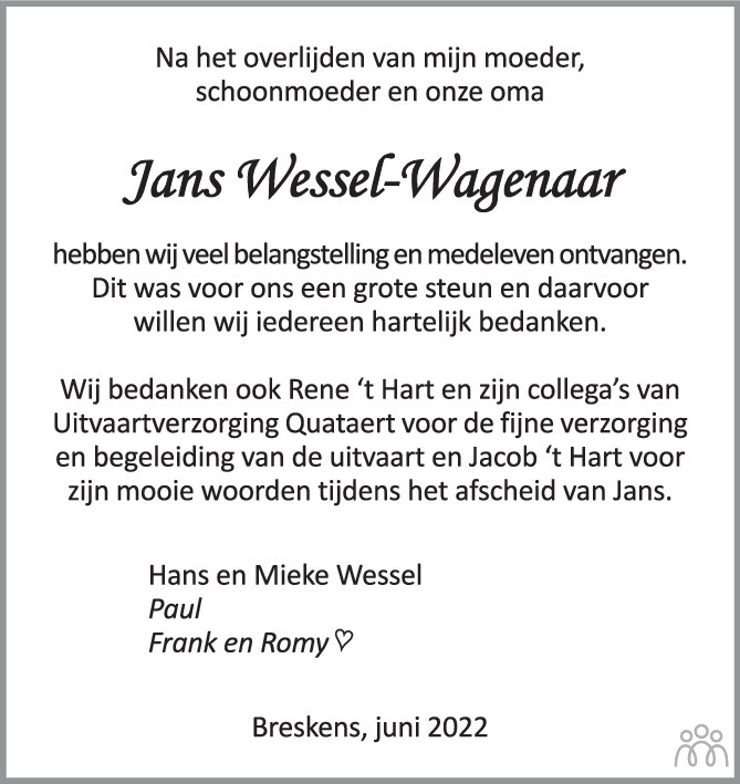Overlijdensbericht van Janna Renetta Anna (Jans) Wessel-Wagenaar in PZC Provinciale Zeeuwse Courant