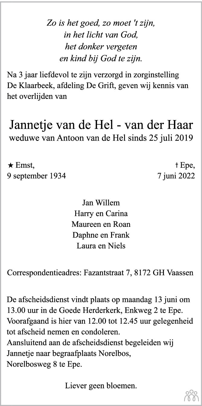 Overlijdensbericht van Jannetje van de Hel-van der Haar in de Stentor