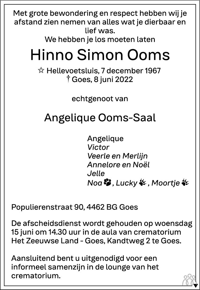 Overlijdensbericht van Hinno Simon Ooms in PZC Provinciale Zeeuwse Courant