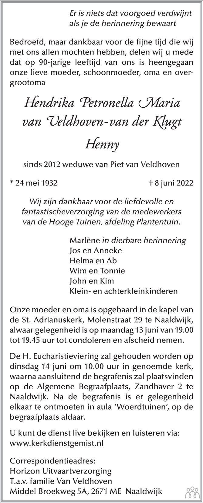 Hendrika Petronella Maria (Henny) van Veldhovenvan der Klugt 0806