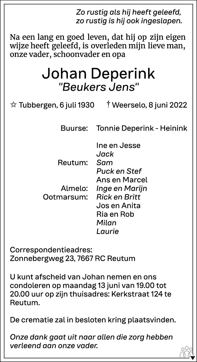 Johan (Beukers Jens) Deperink 08-06-2022 overlijdensbericht en ...