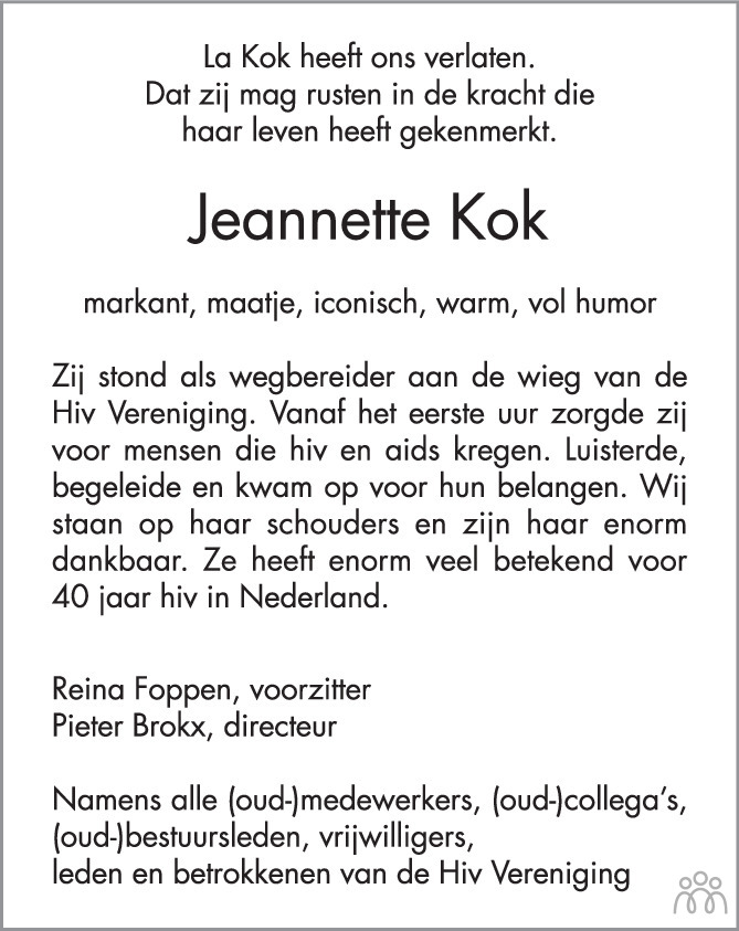 Overlijdensbericht van Jeannette Kok in Het Parool